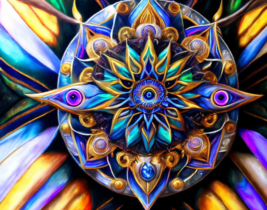 Colorful mandala artwork with multiple eyes and iridescent hues