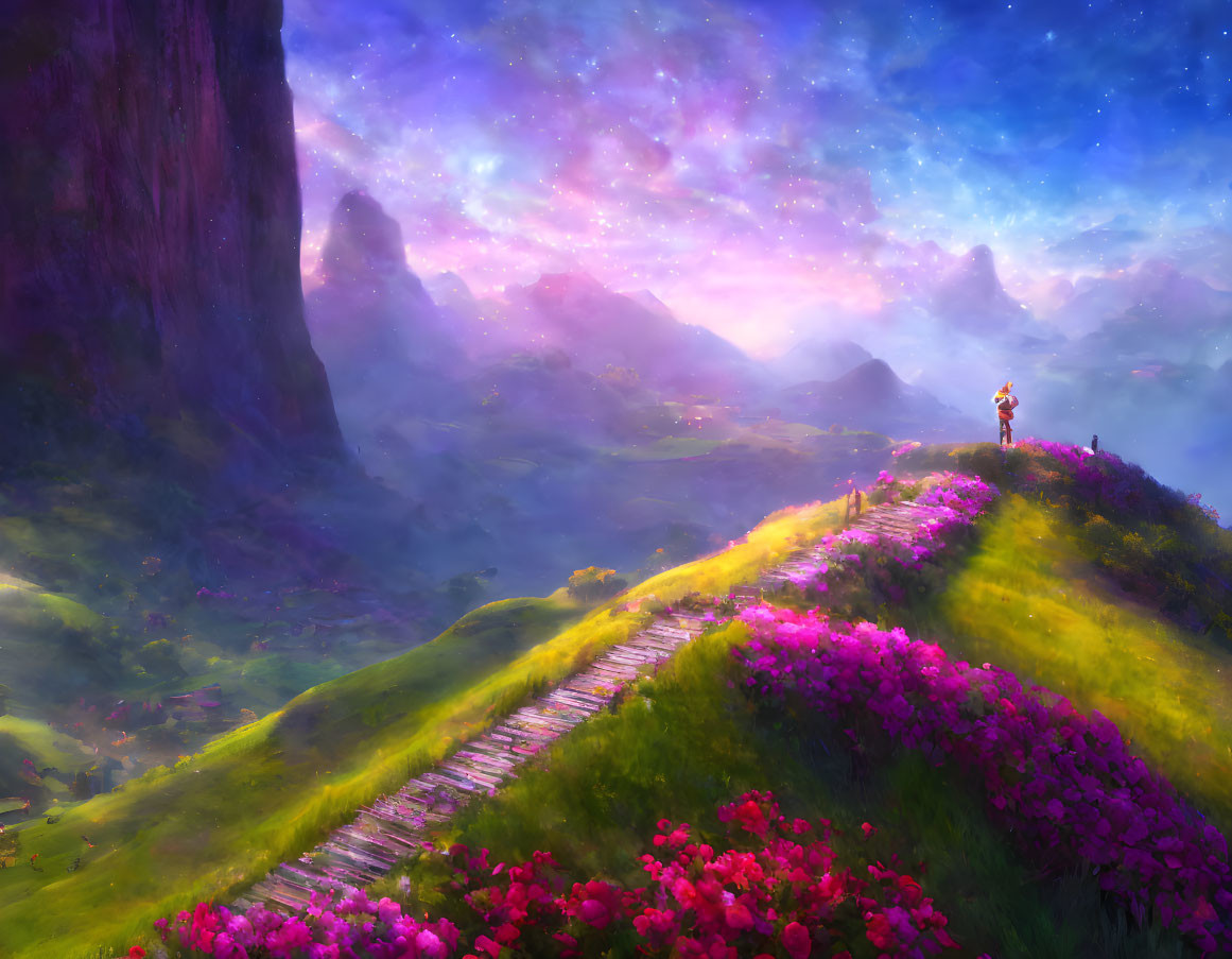 Colorful landscape with person on pathway, pink flowers, rolling hills, and purple starry sky