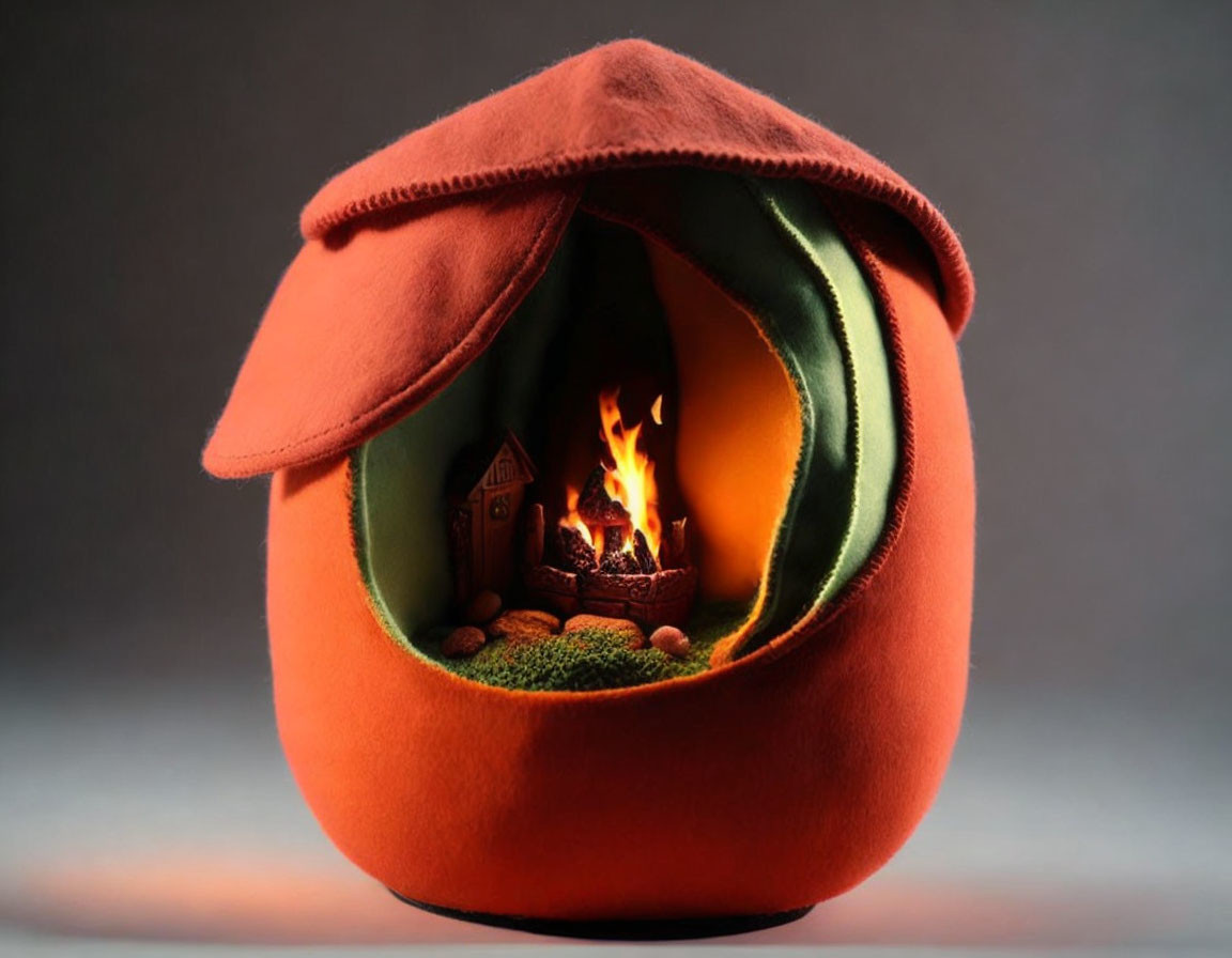 Miniature felt campfire scene with tent in orange fabric enclosure.