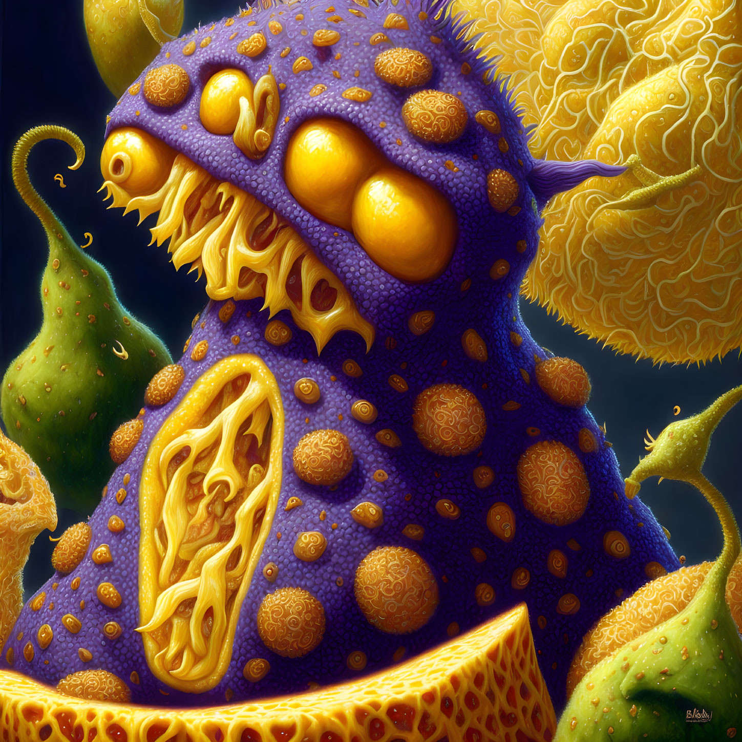 Fantastical creature with purple skin and yellow eyes in swirling green and yellow backdrop