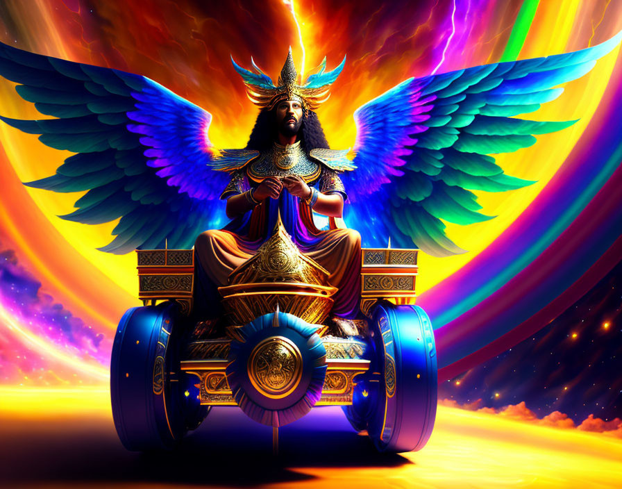 Majestic winged figure in ornate armor on golden chariot against cosmic background