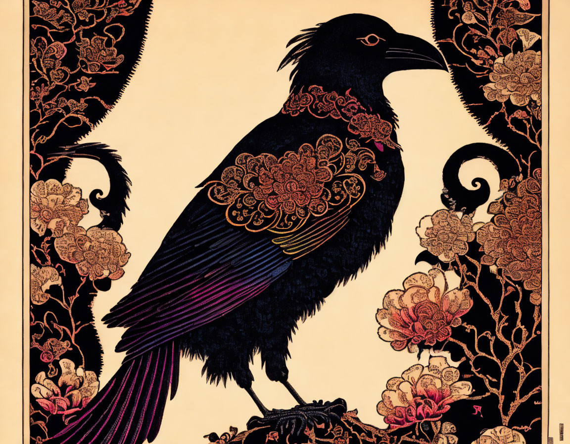 Stylized black raven with floral patterns on beige backdrop