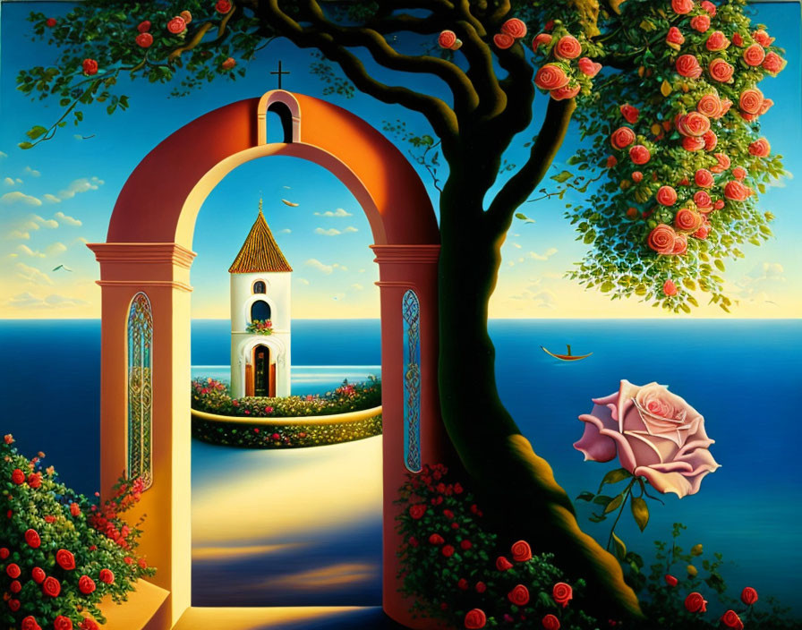 Scenic archway view of church tower, gardens, ocean, and rose