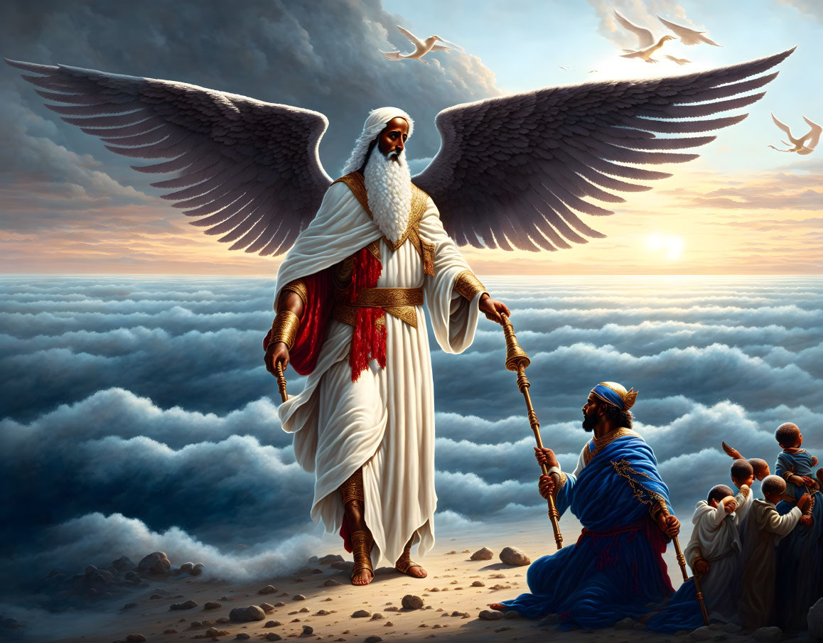 Majestic winged figure in robes with staff above clouds