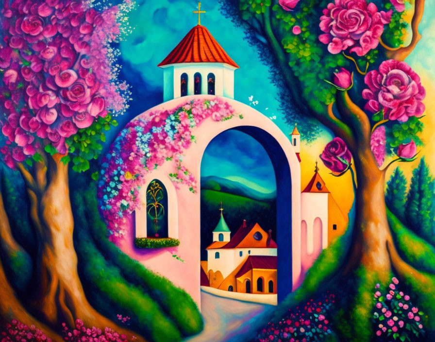 Colorful painting of whimsical village with floral archway, church, and twilight sky