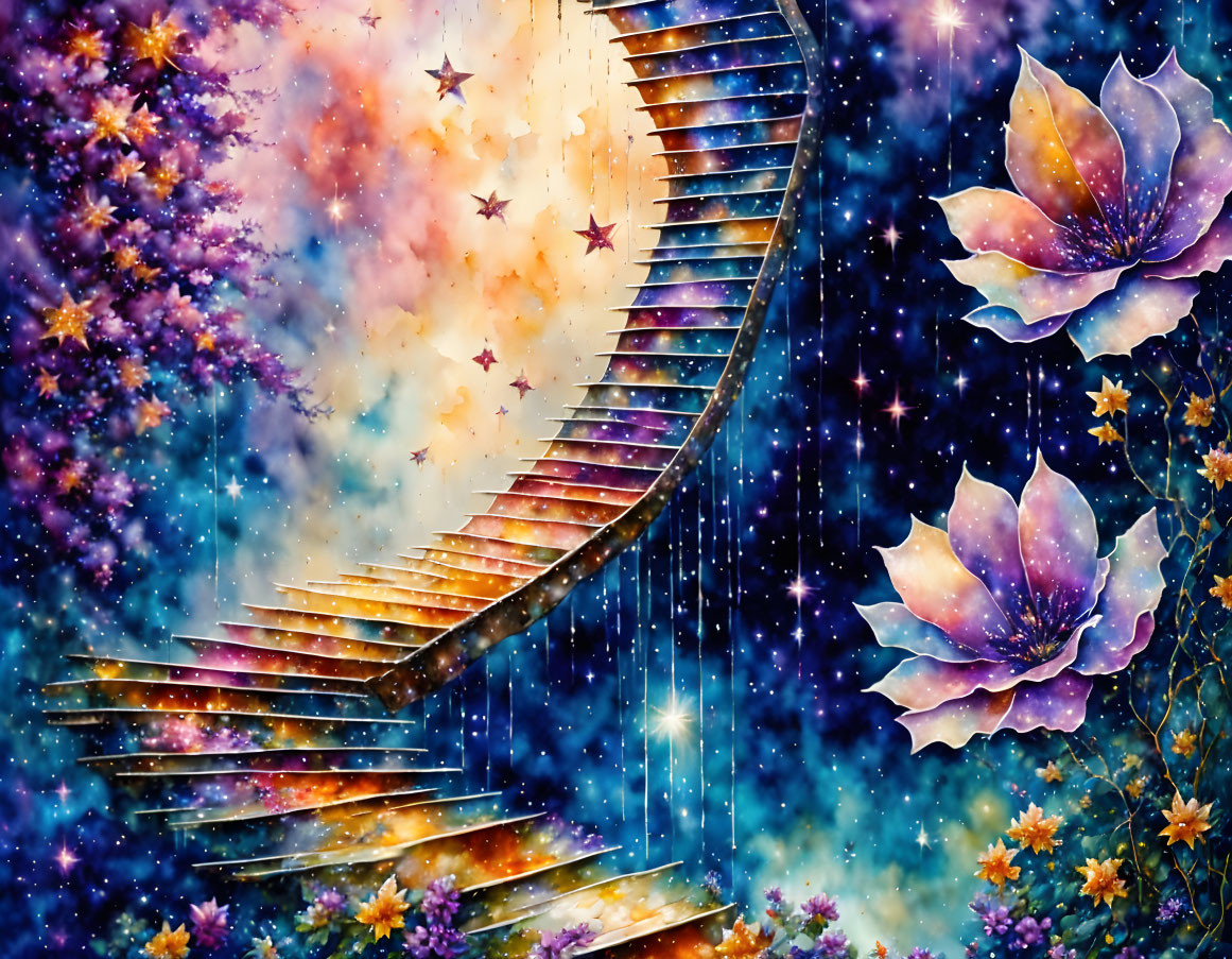 Surreal artwork: staircase to cosmic sky with stars and luminescent flowers