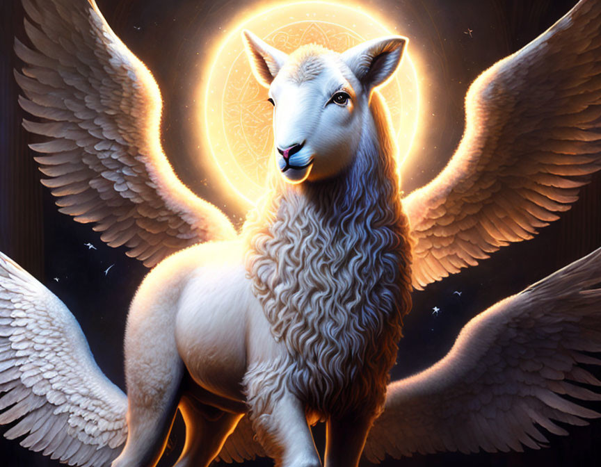 Majestic winged sheep with halo in cosmic scene