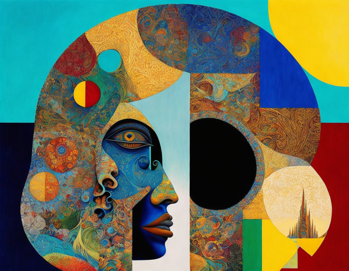 Colorful Abstract Artwork Featuring Face Profile & Geometric Shapes