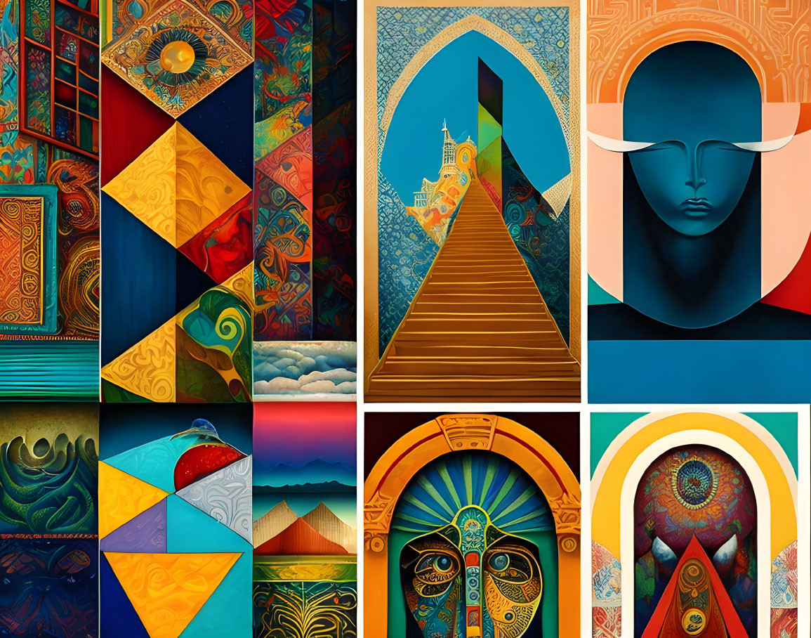 Colorful surreal artwork with geometric shapes and stylized faces.