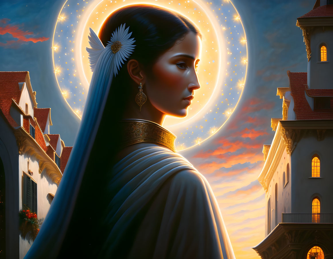 Ethereal woman with luminous halo in elegant attire against twilight backdrop