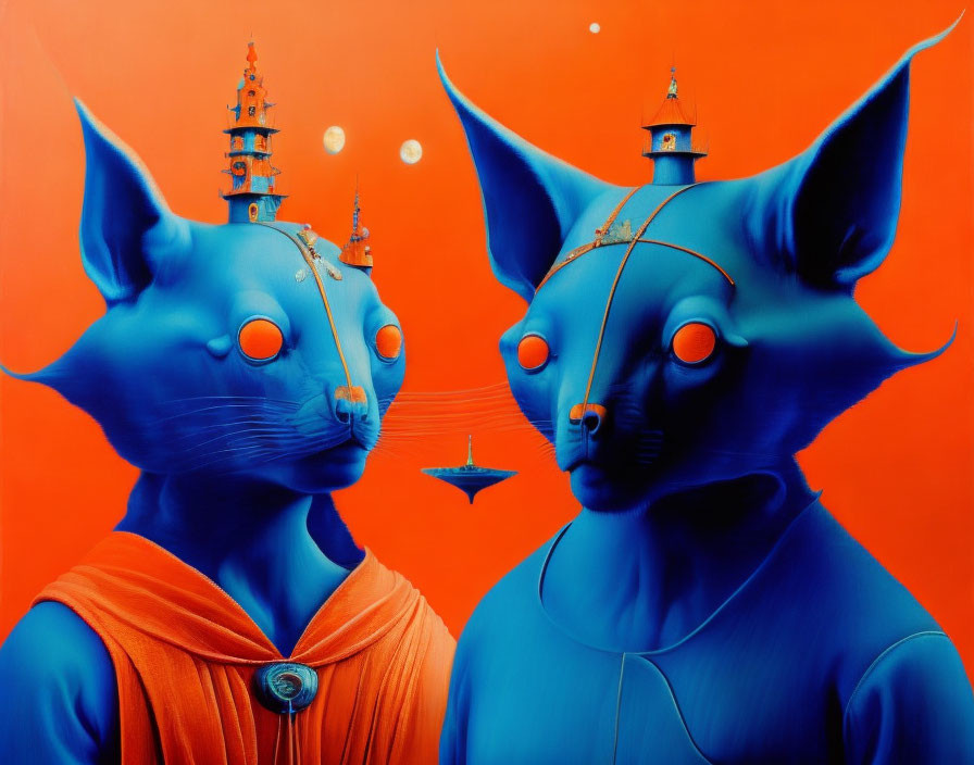 Surreal blue cat-like creatures in robes with orange eyes on orange background