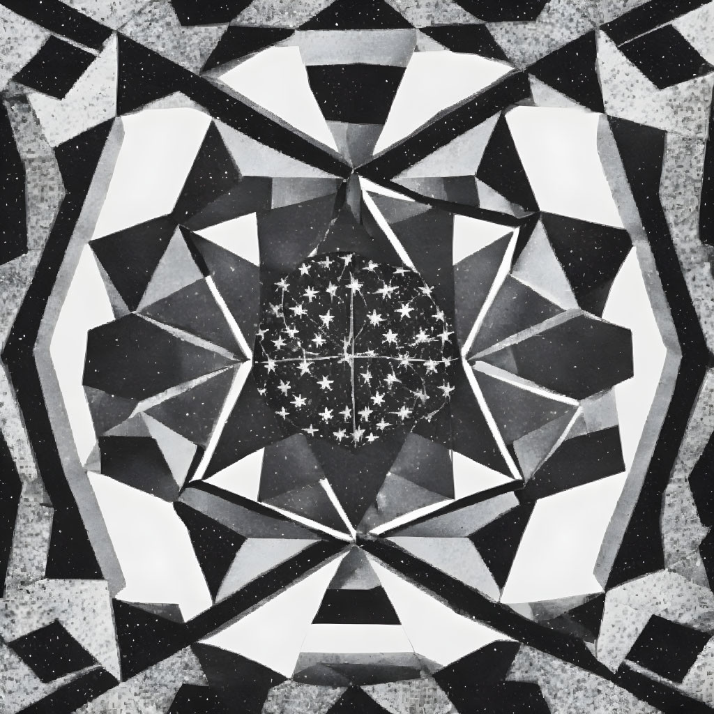 Symmetrical geometric patterns in monochrome kaleidoscope.