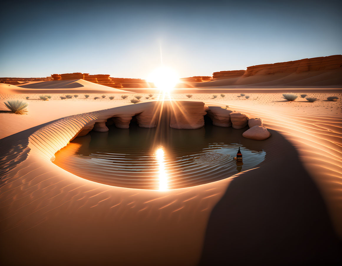 Tranquil desert oasis at sunrise with water reflections