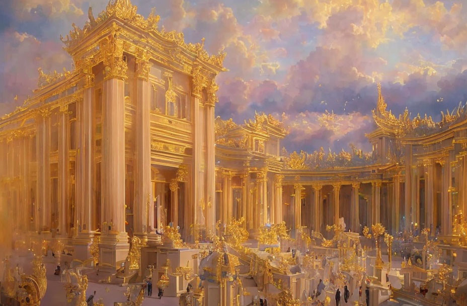 Opulent Golden Hall with Ornate Columns and Visitors Under Pink-Hued Sky