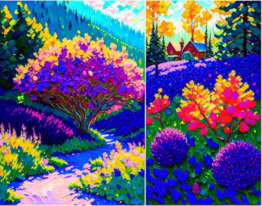 Colorful garden landscapes with vibrant blues, purples, pinks, and yellows.