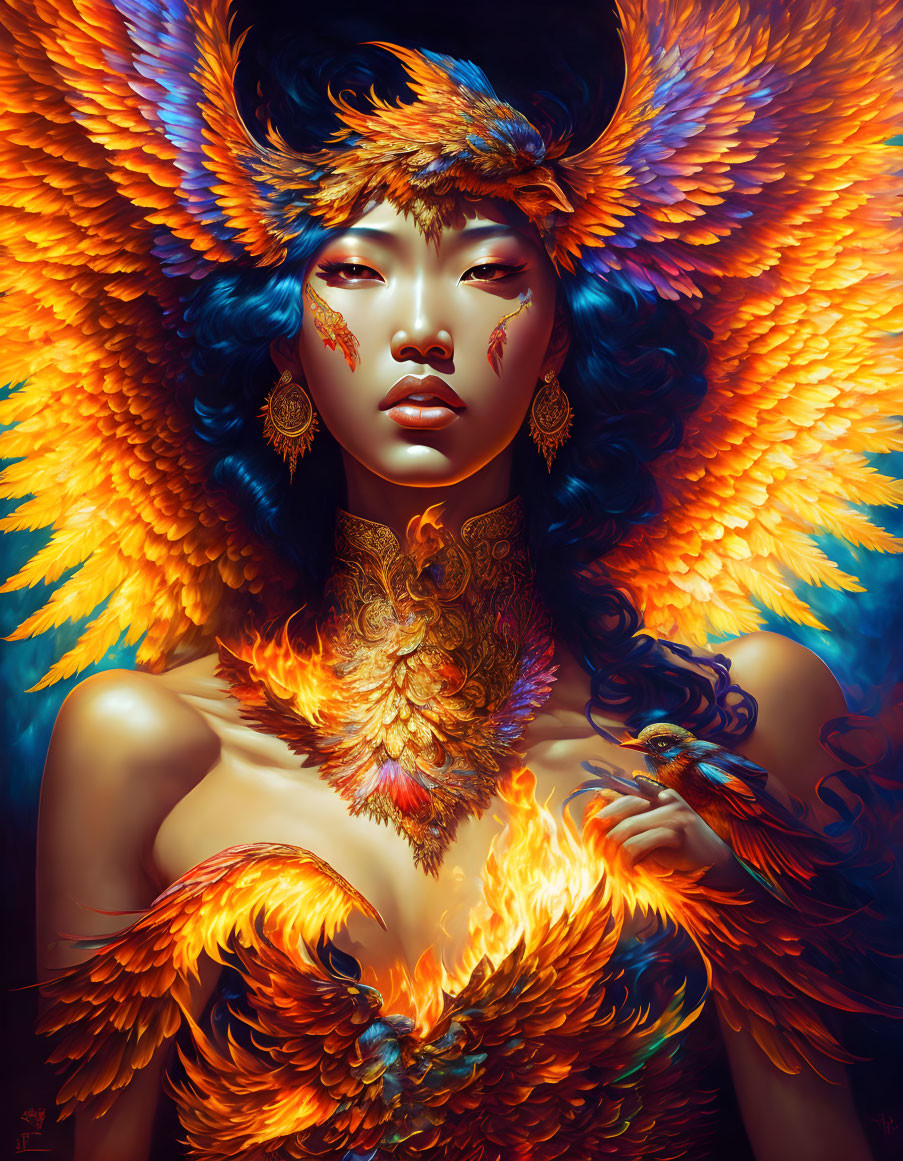 Portrait of woman with gold phoenix-themed wings and attire