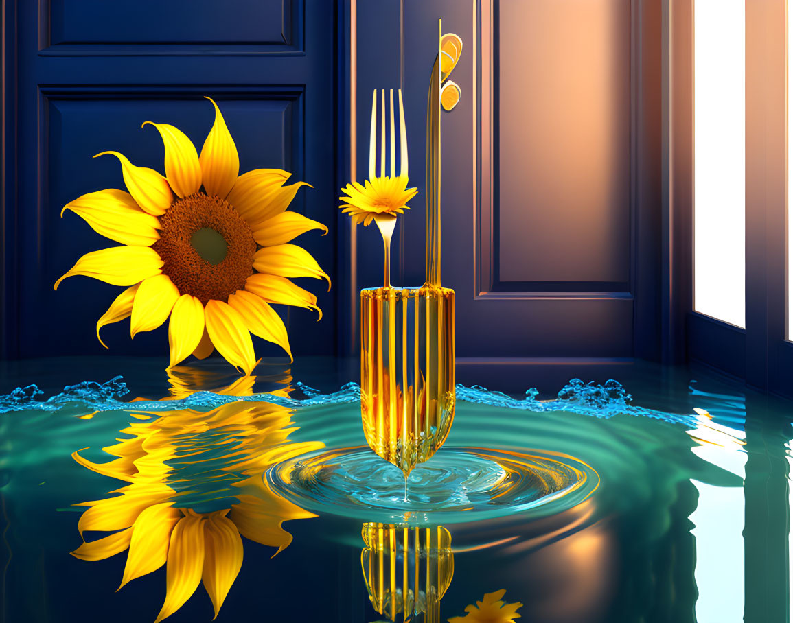 Sunflower and golden vase in flooded room with reflection