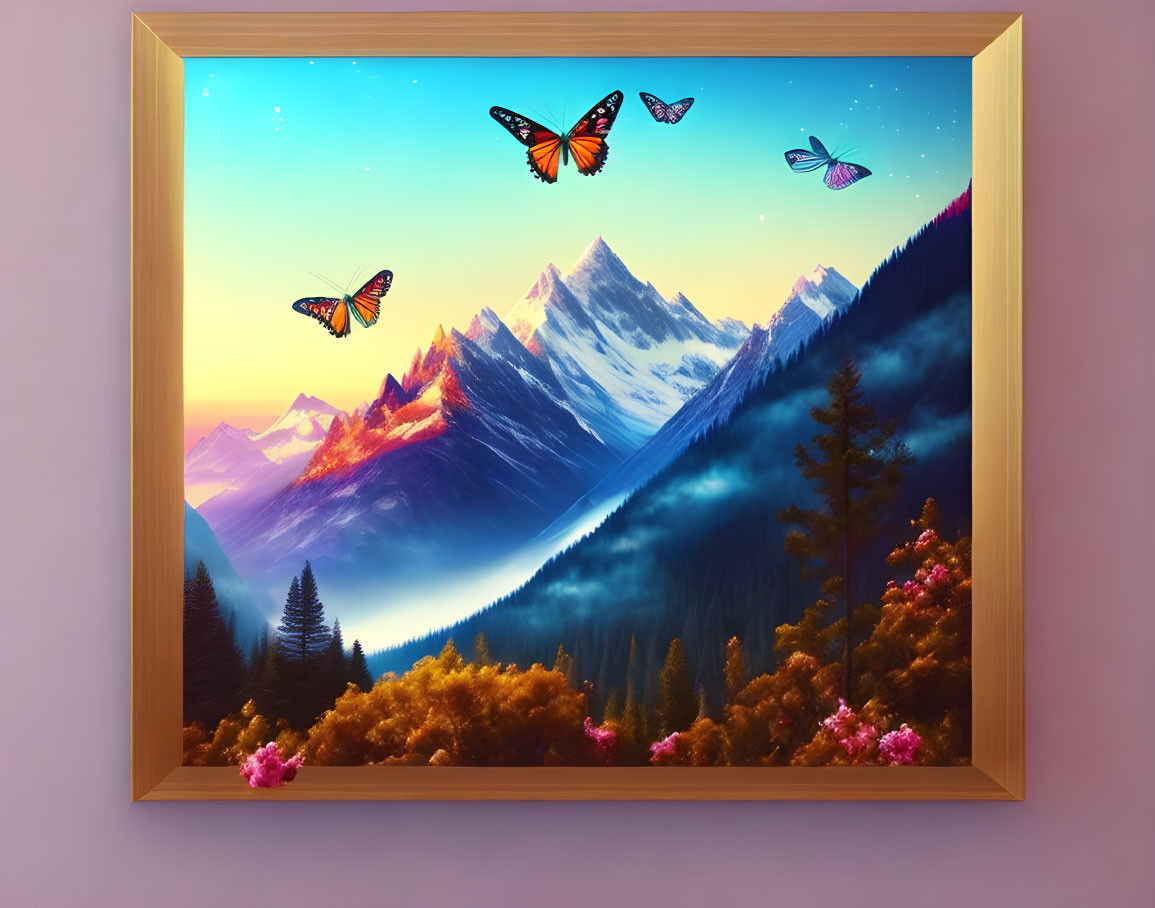 Scenic mountain landscape with colorful butterflies at sunset