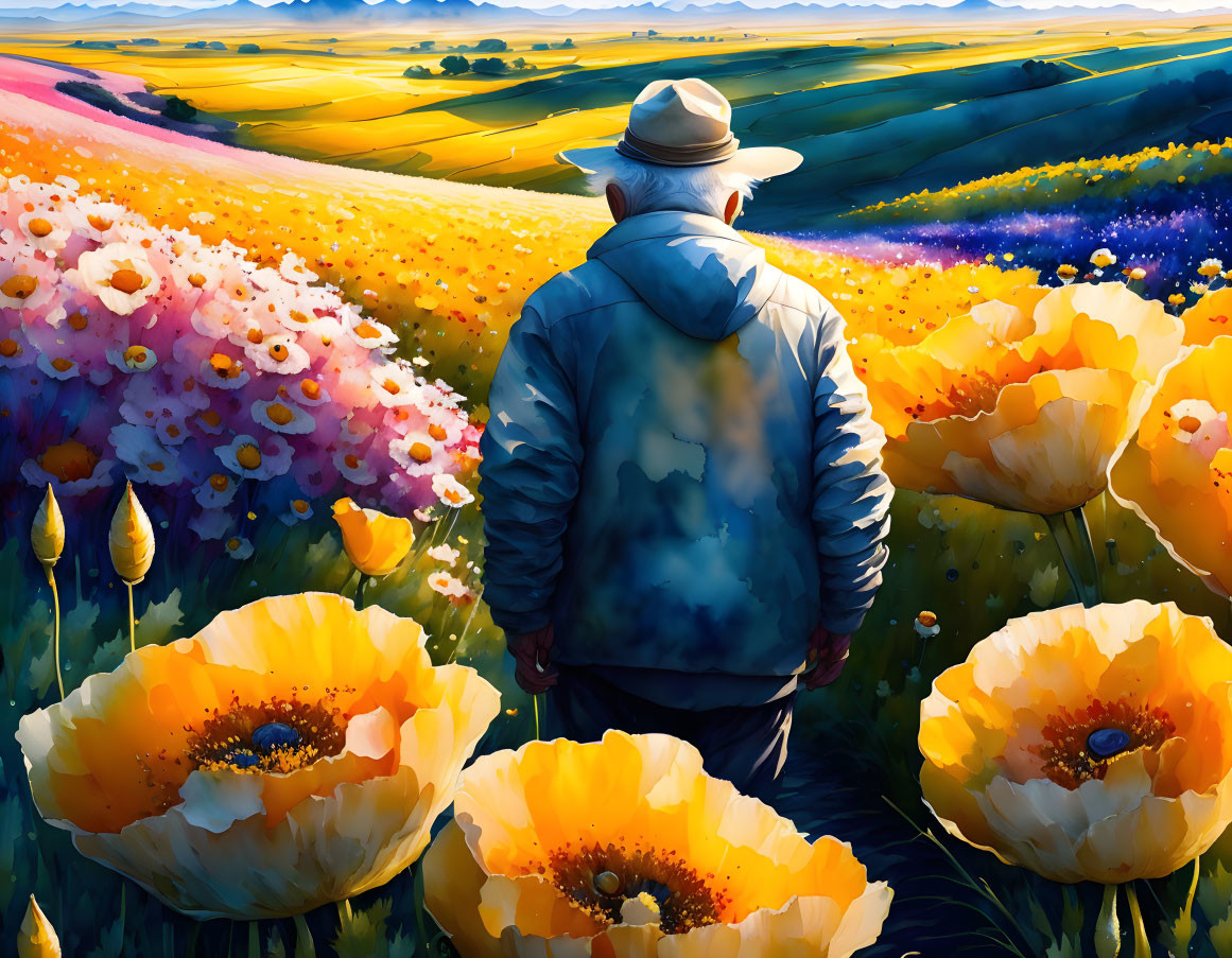 Person in Hat and Jacket Surrounded by Colorful Blooming Flowers