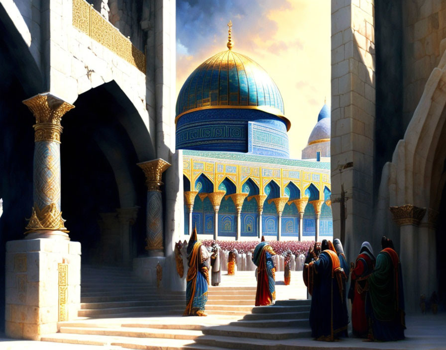 Traditional attired people walking to grand mosque with blue domes and golden calligraphy.