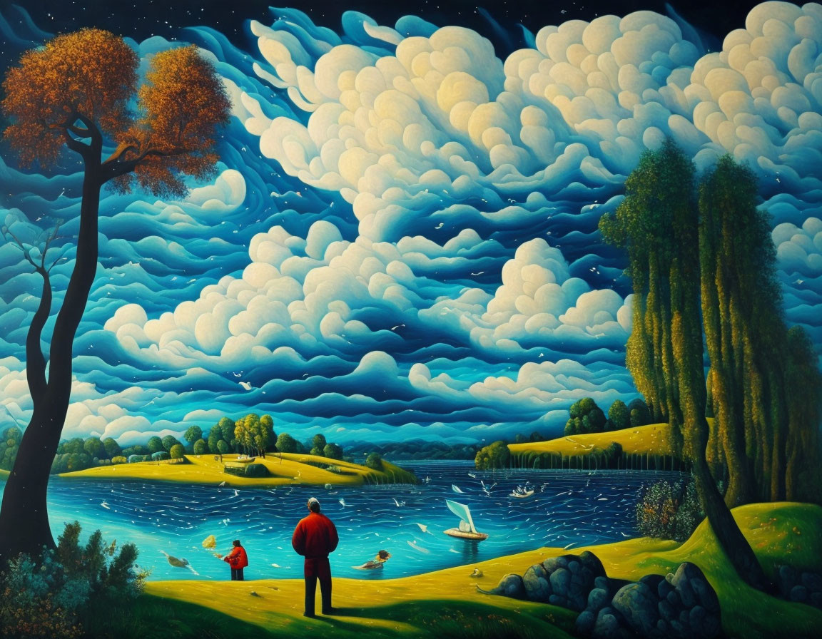 Colorful painting of person by serene lake with ducks, under dramatic sky.