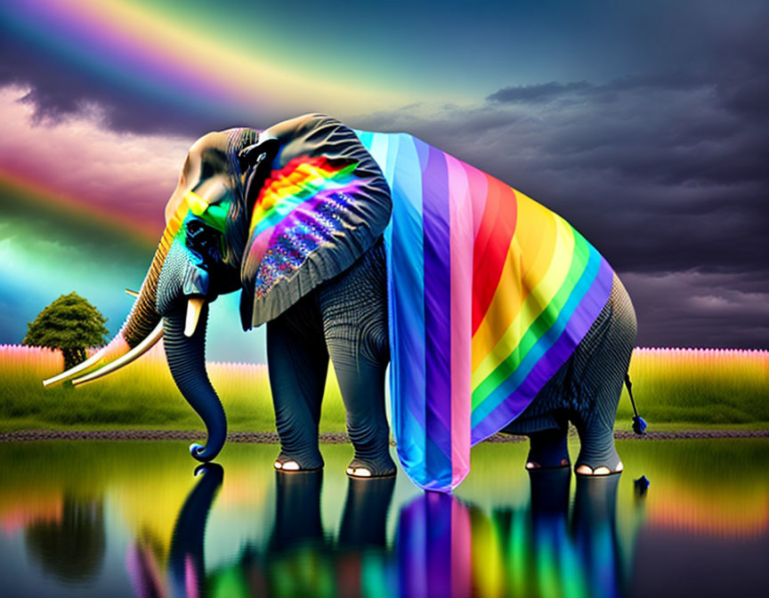 Colorful Elephant in Rainbow Cloth Against Surreal Sky