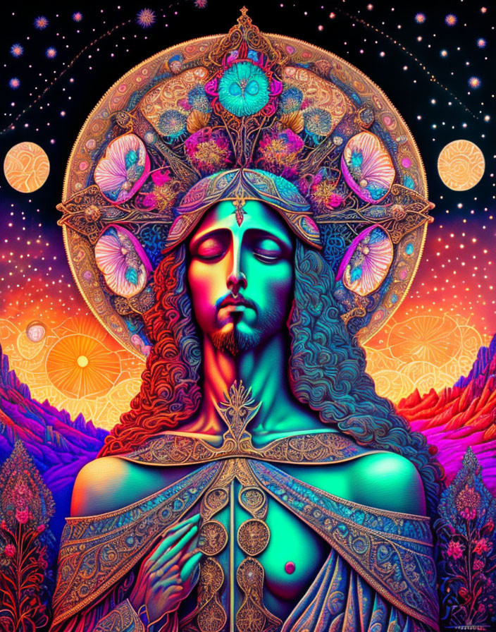 Colorful digital artwork of regal figure with cosmic motifs