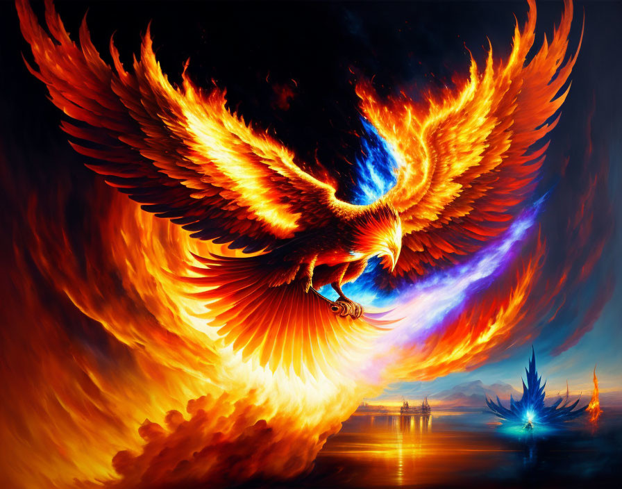 Colorful Phoenix Flying Over Water and Sky