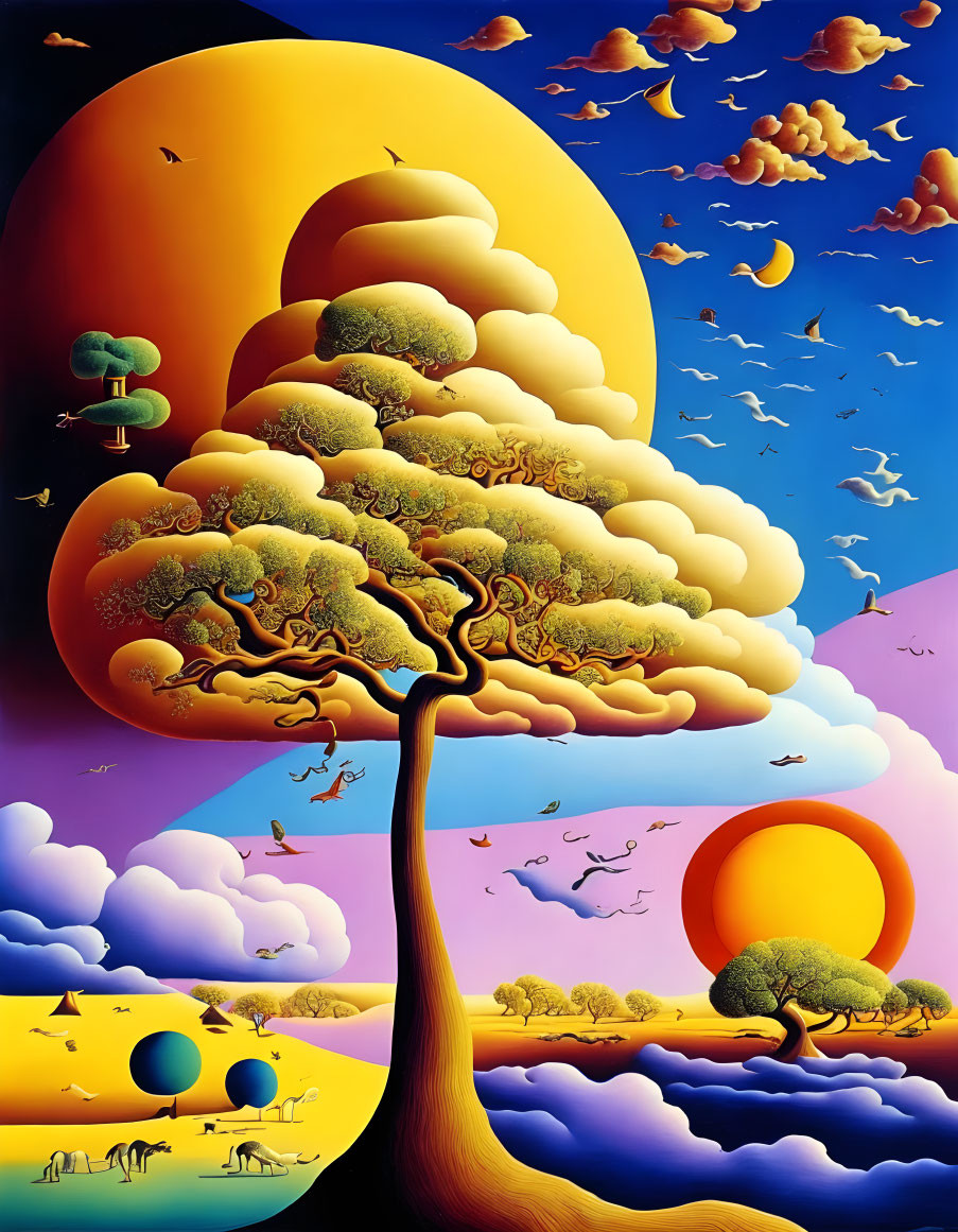 Vibrant tree in surreal landscape with floating figures