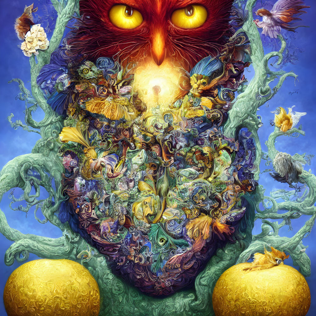 Large red-eyed owl with intricate designs and creatures perched on golden orbs against blue backdrop