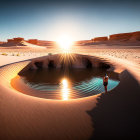 Tranquil desert oasis at sunrise with water reflections