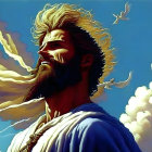 Bearded man with white wings in white robe gazes at clouds