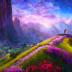 Colorful landscape with person on pathway, pink flowers, rolling hills, and purple starry sky