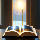 Open book with glowing pages, candles, and sunlight on table