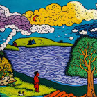 Colorful painting of person by serene lake with ducks, under dramatic sky.