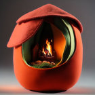 Miniature felt campfire scene with tent in orange fabric enclosure.