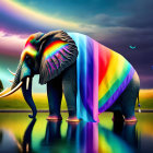 Colorful Elephant in Rainbow Cloth Against Surreal Sky