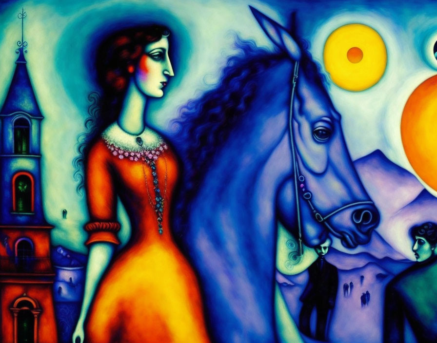 Vibrant painting of a woman in orange dress with horse and celestial motifs