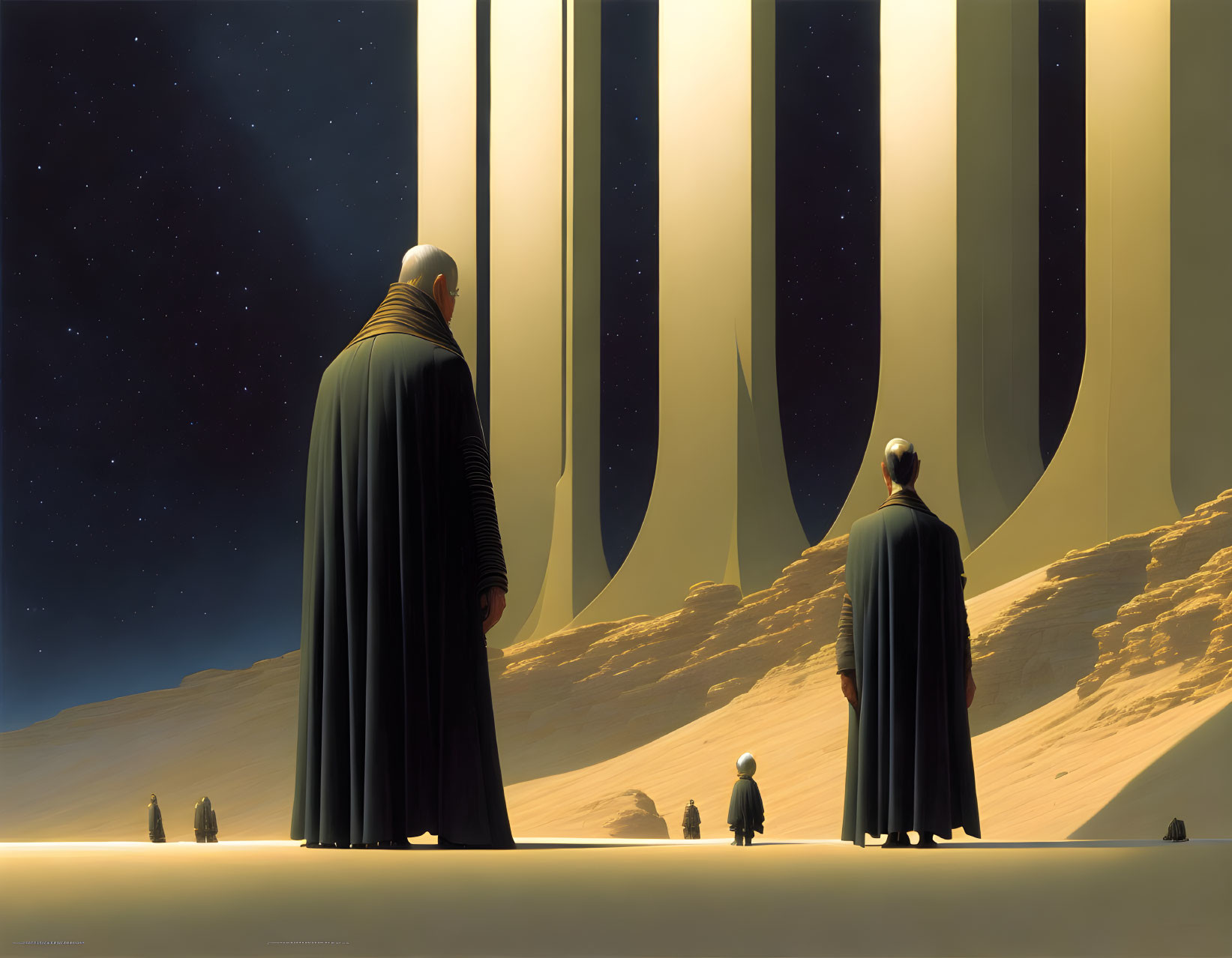 Robed Figures and Pillars on Desert Planet with Starry Sky