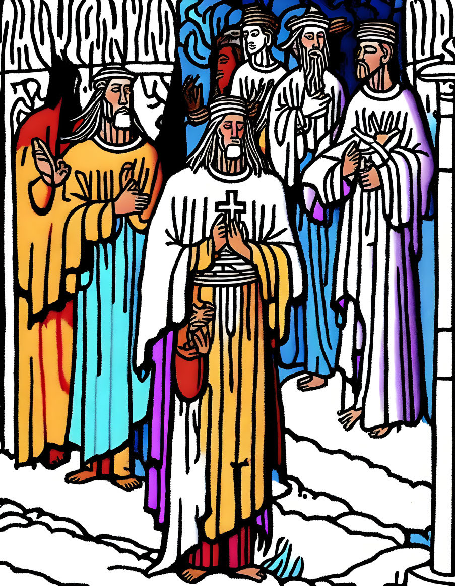 Illustration of robed figures with halos and cross-topped staff