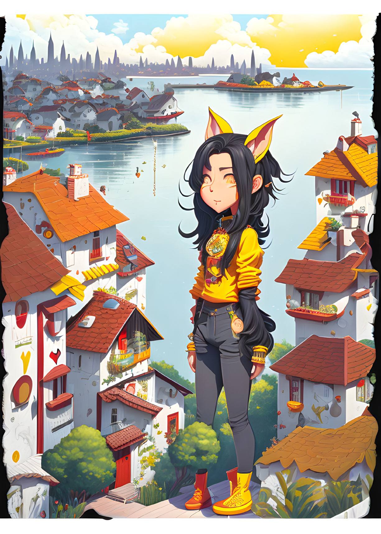 Colorful animated girl with cat ears in vibrant outfit in whimsical town by water