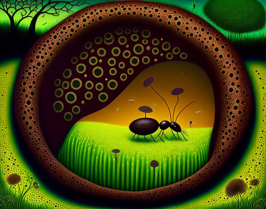 Vivid Surreal Artwork: Stylized Insects in Colorful Landscape