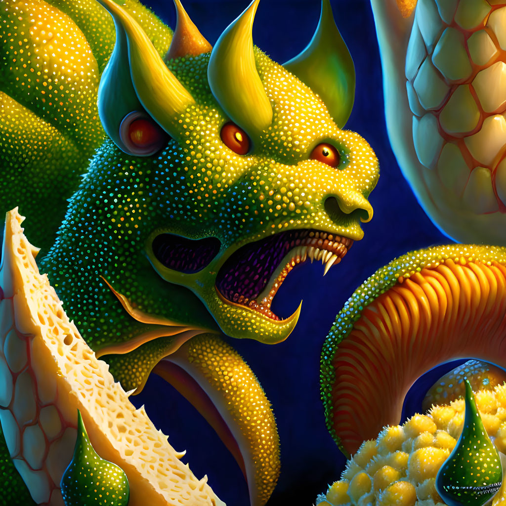 Detailed illustration of a green dragon with yellow eyes and sharp horns against a dark blue background