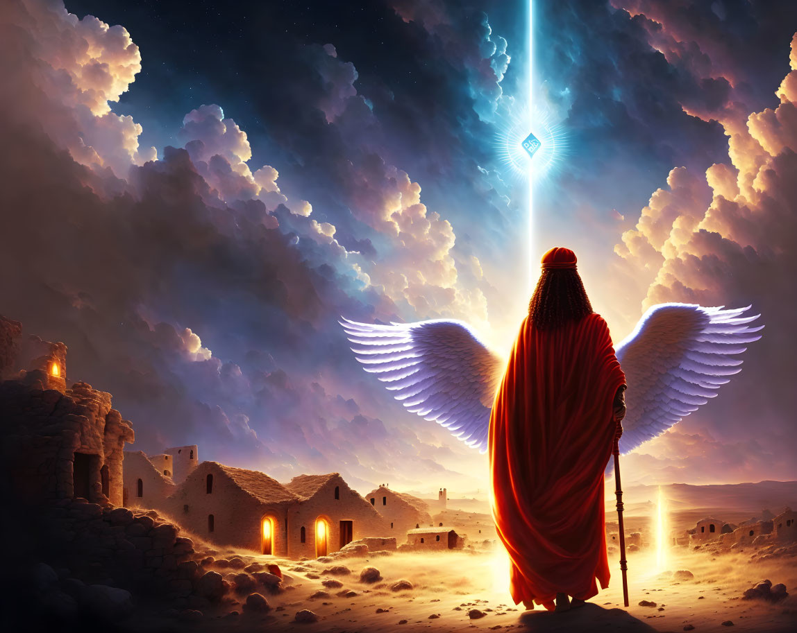 White-winged angel in red cloak overlooks village under starry sky with blue light.