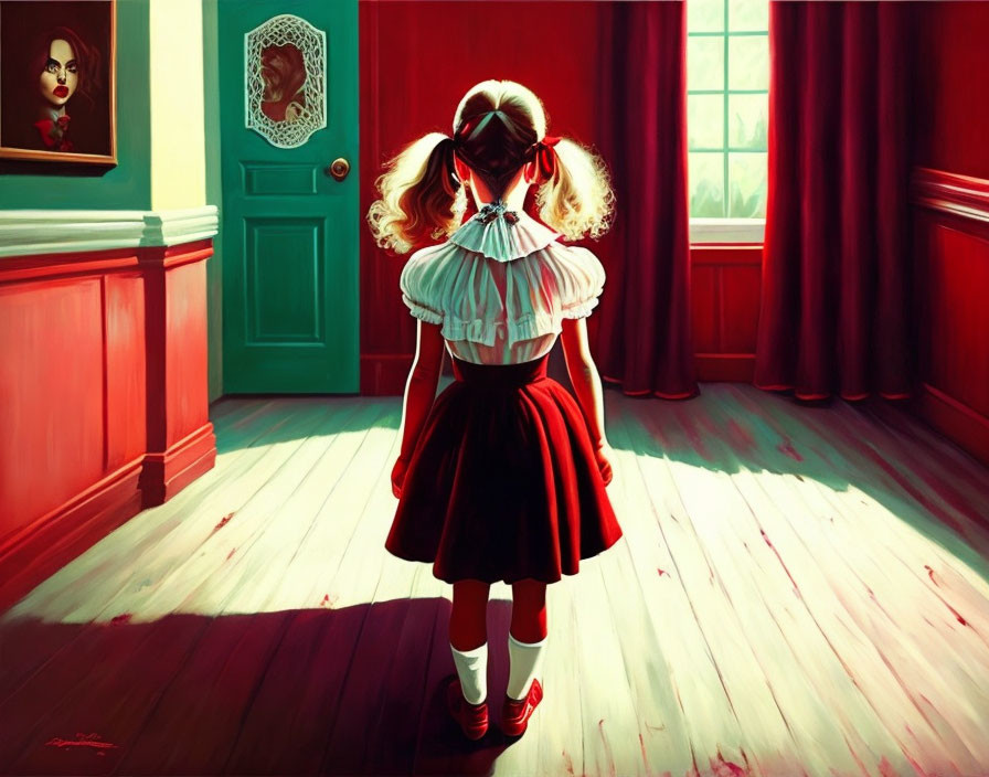 Girl in red and white dress with bow in hair standing in room with red walls and portrait.