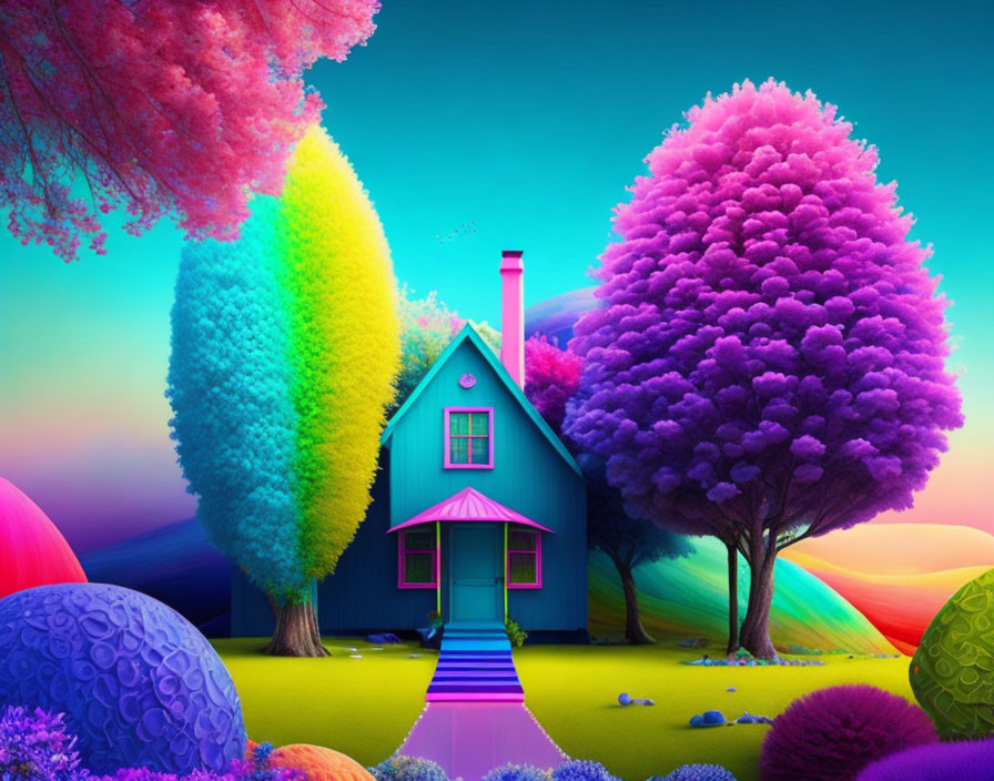 Colorful Landscape with Whimsical Blue House & Multicolored Trees