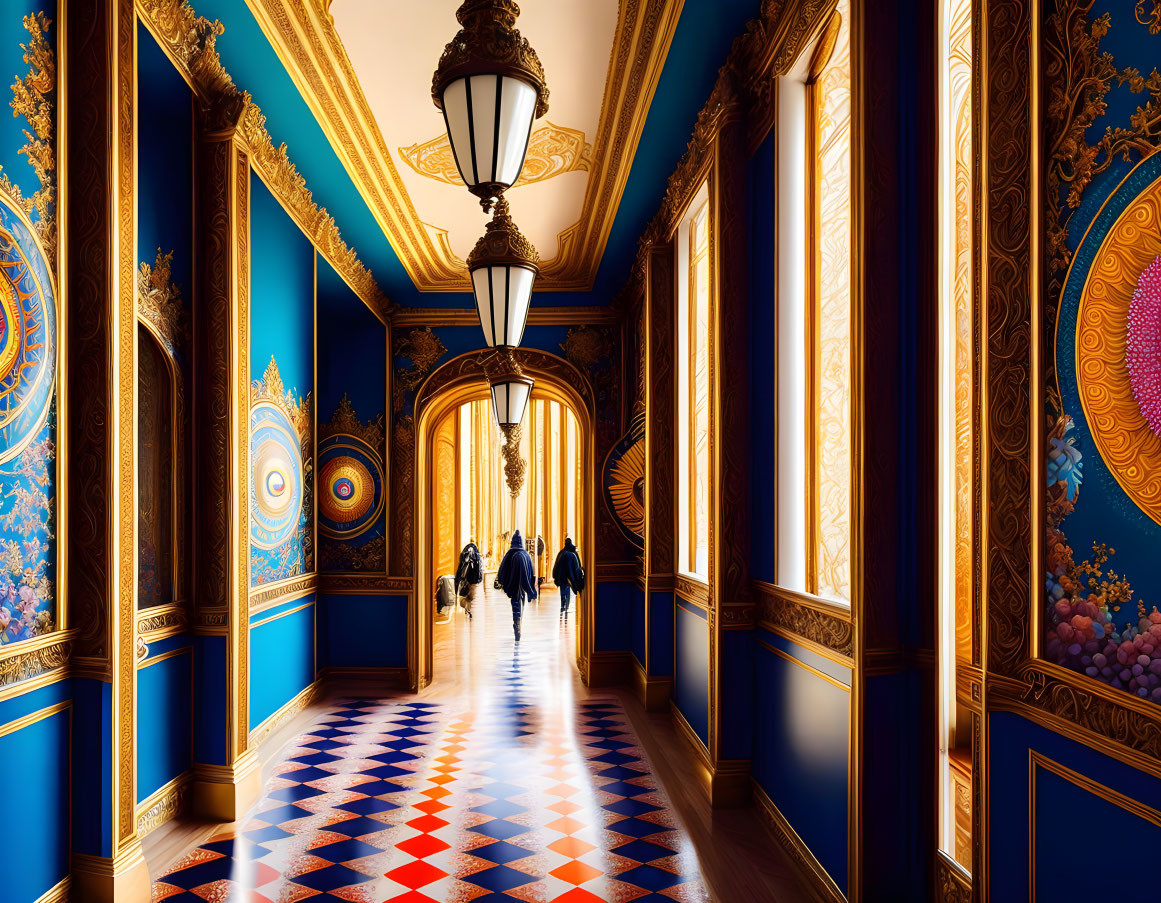 Ornate corridor with blue and gold walls and hanging lanterns