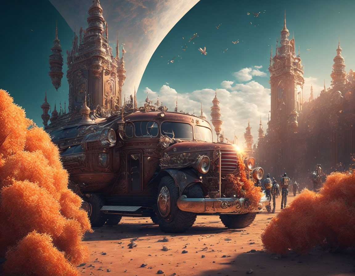 Vintage car, spires, figures in fantastical landscape