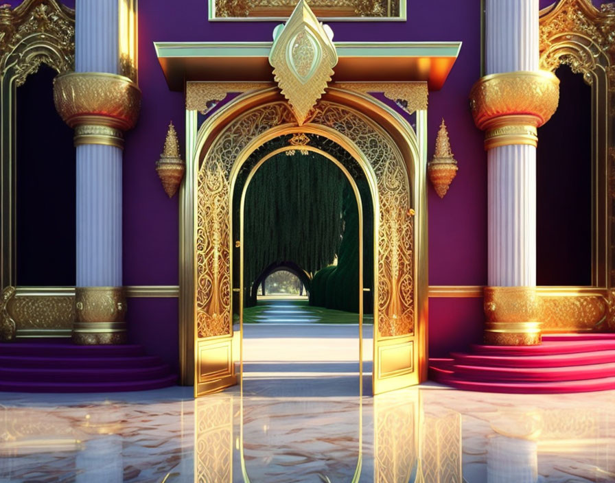 Golden Archway with Decorative Columns Leading to Lush Green Garden