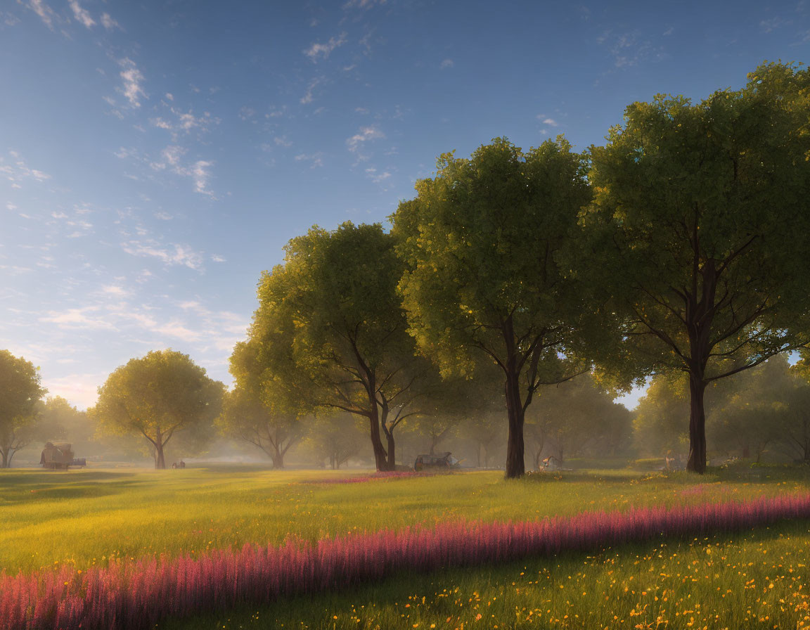 Serene sunrise landscape with green trees, blooming flowers, mist, and distant tractor.